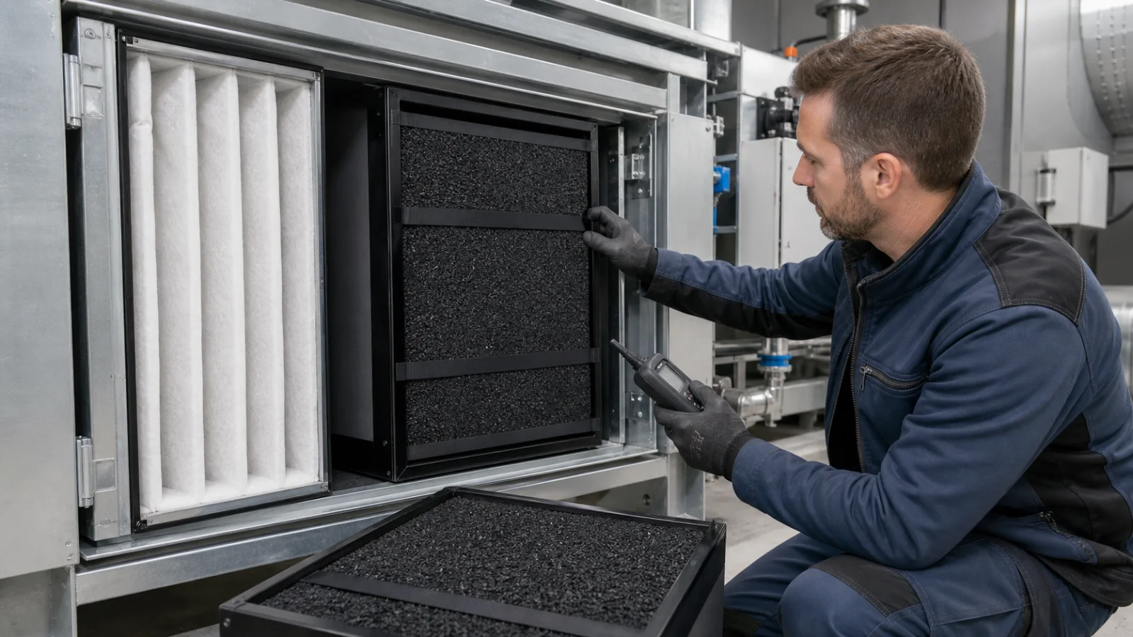 Techniker prüft eine schwarze Aktivkohlekassette neben einer weißen Partikelfilterstufe in einer Lüftungsanlage