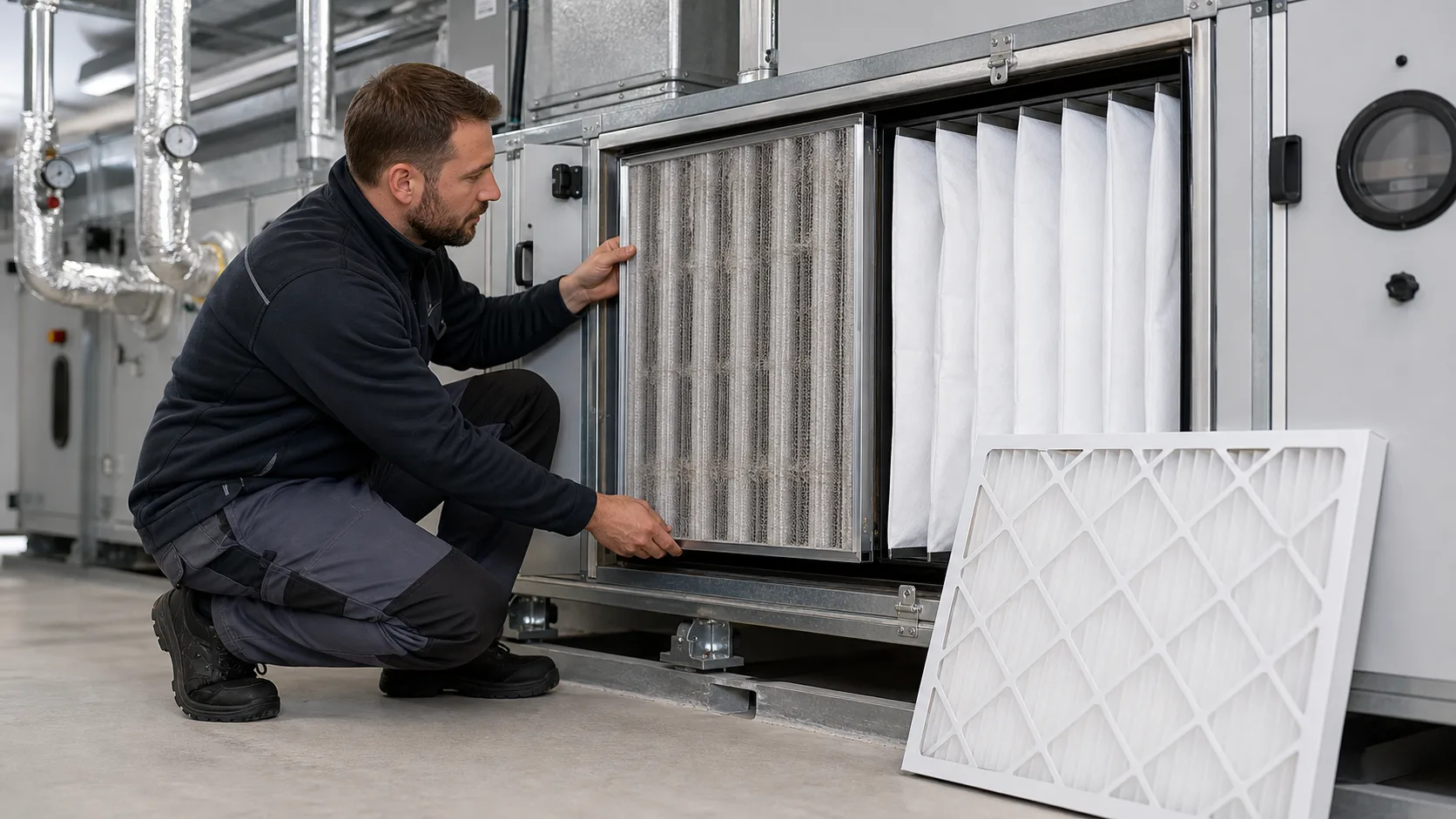 Servicetechniker prueft einen verschmutzten Vorfilter und eine saubere Taschenfilterstufe in einer Lueftungsanlage