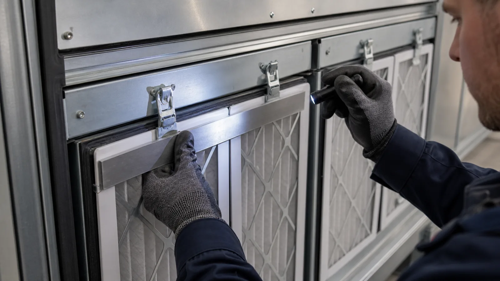 Techniker prüft mit Richtkante und Lampe die ungleichmäßige Anpressung eines Luftfilters im Metallrahmen