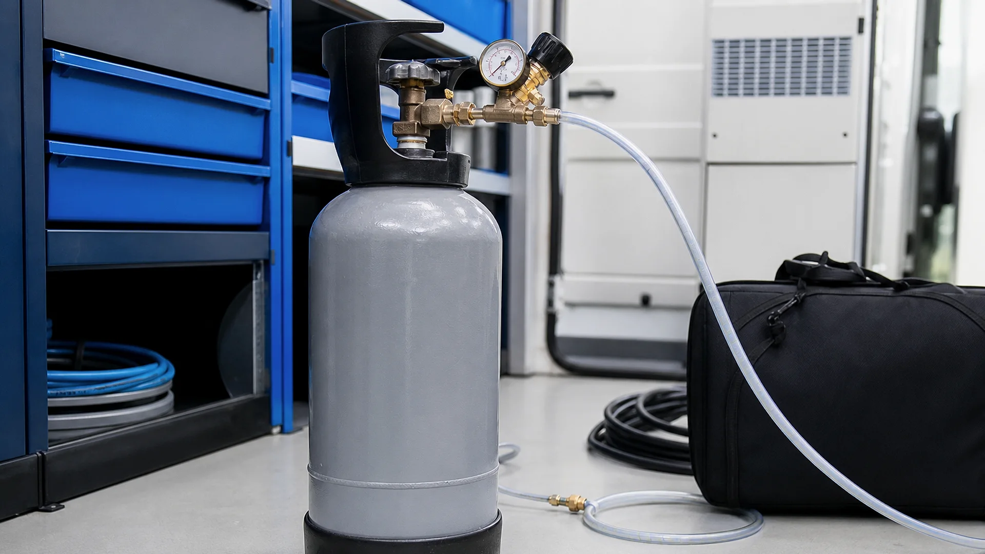 sauberer Arbeitstisch mit Filterelementen, Filtergehäuse, Wasserprobe, Druckmessung und technischem Anlagenplan